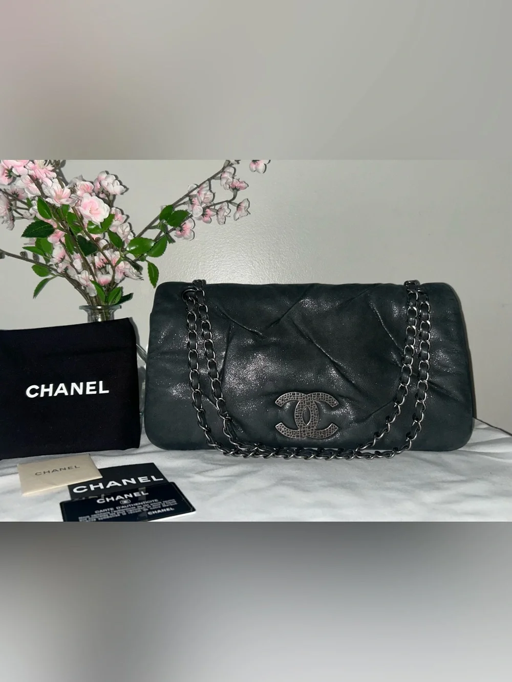 CHANEL Iridescent Calfskin Glint Large Flap Bag Charcoal Dark Grey